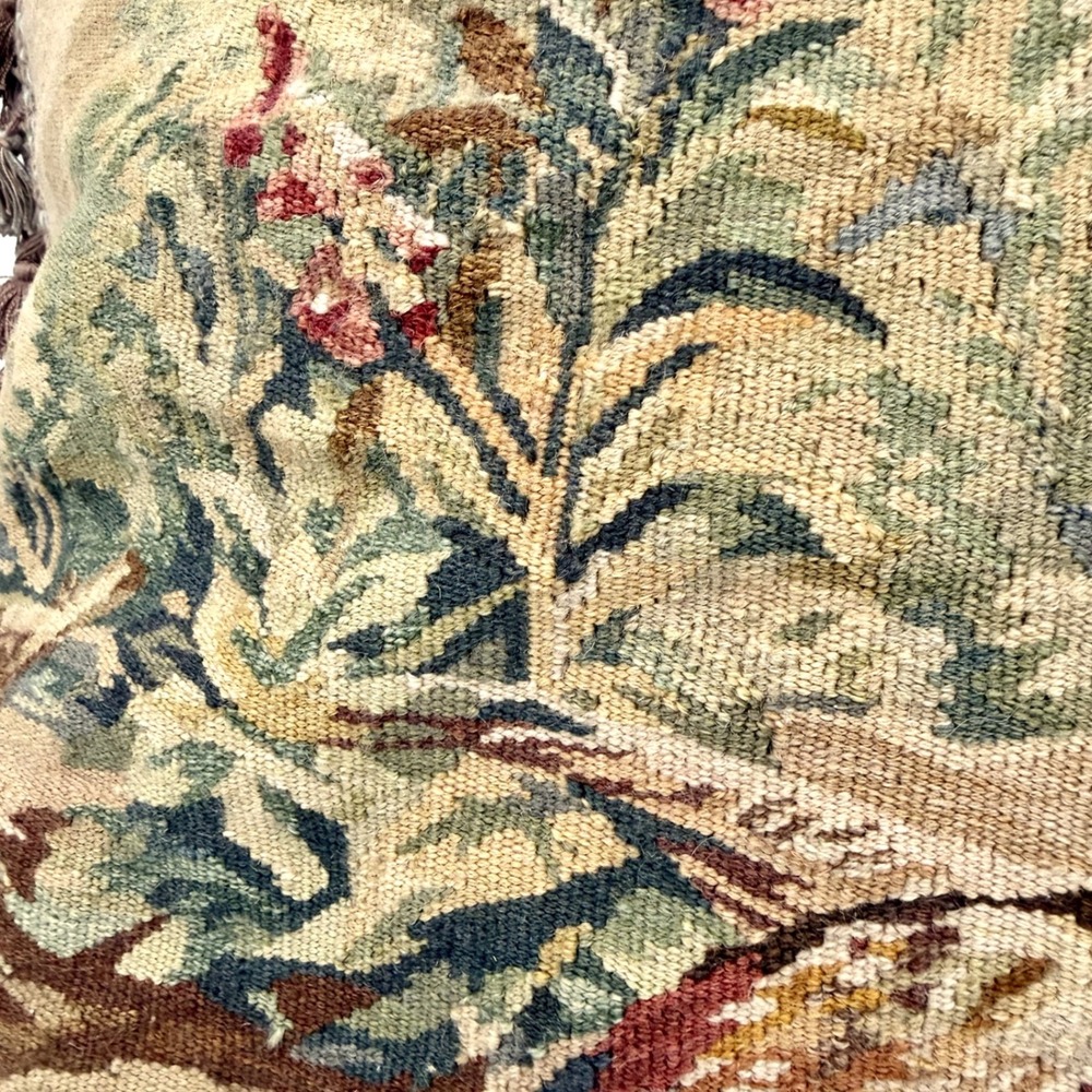 Vintage Handwoven Aubusson Pillow Cover 24x24 Wool Pheasant Floral Gold Fringe - Picture 3 of 16